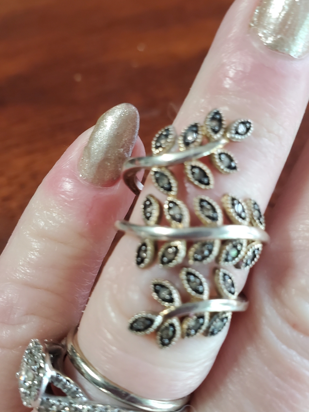 Vtg SJD 925 Sterling Silver Marcasite Leaf Bypass Wrap Ring Statement 3 Row 6.5 - Picture 8 of 8